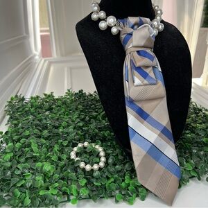 Custom Blue and Tan Plaid Necktie with Pearl Necklace